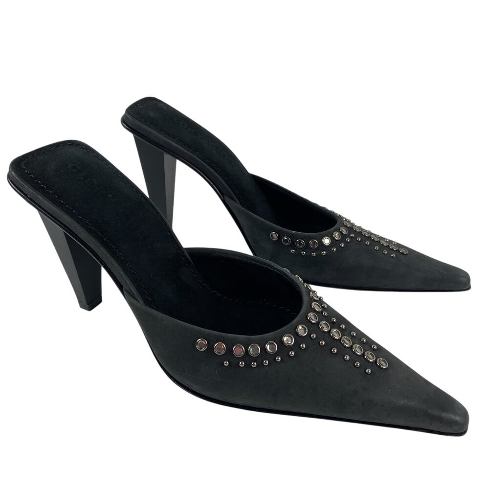 Glory Chen Black Studded Black Leather Suede Pointed Toe Mule Heels Size 5.5